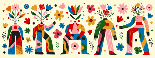 Obraz premium Vector illustration set with abstract people, bodies as flower vases and pots. Mental health, emotions, positive mind sticker pack design. Inspirational greeting card templates, wall decoration poster