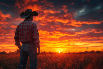 Man are standing in his growing wheat field, emadow sunset.