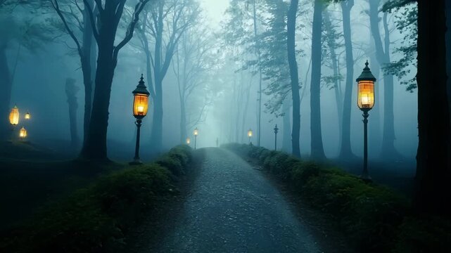 Mysterious figure is walking down a path in the woods at night, with glowing street lamps and an eerie fog adding to the suspense