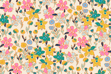 Cute feminine seamless watercolor pattern with little tiny wildflowers, hand drawn, not AI