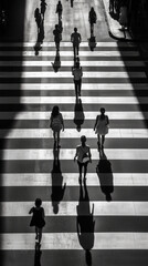 Monochrome Urban Pedestrian Crossing with Dramatic Shadows and Geometric Patterns