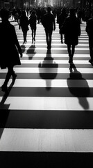 Monochrome Urban Pedestrian Crossing with Dramatic Shadows and Geometric Patterns