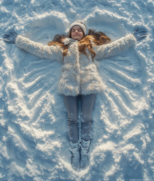 Ni&ntilde;a, chica en la nieve, echada con brazos y piernas extendidos formado un coraz&oacute;n o alas de Angel rayado , dejando huella, abrigo peludo, frio, fondo blanco con textura, pantal&oacute;n y guantes grises