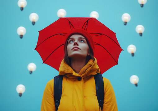 Una chica con un abrigo amarillo sostiene un paraguas rojo, mientras bombillas encendidas caen desde un fondo azul, simbolizando una lluvia de ideas creativa y brillante, mochila a la espalda