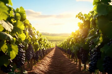 Fototapeta premium A serene vineyard scene at sunrise, showcasing lush green vines and ripe grapes, symbolizing nature's beauty and agriculture.