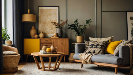 Obraz premium A living room with boho elements that are easy on the eyes. AI generated