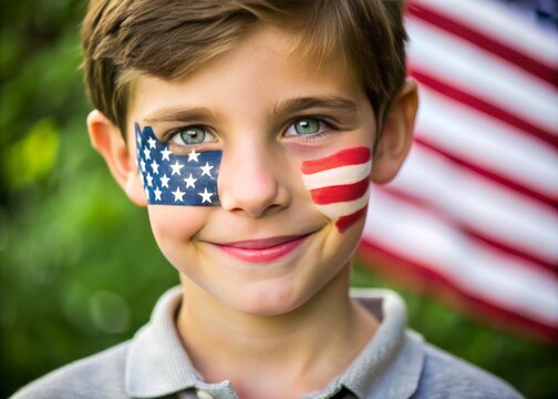 Adorable young patriot proudly displays American flag on cheek, celebrating Independence Day, symbolizing USA pride and freedom on Fourth of July. - Powered by Adobe