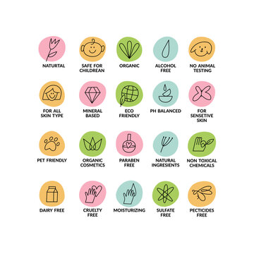 Vector set linear icons, logos or labels for natural and organic products. Outline symbols for food and cosmetics