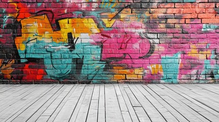Colorful graffiti wall with wooden floor in urban setting during daytime