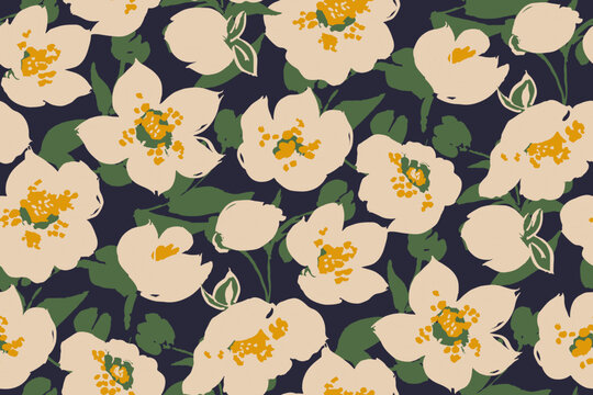 Cute hand drawn feminine watercolor seamless pattern with wildflowers.