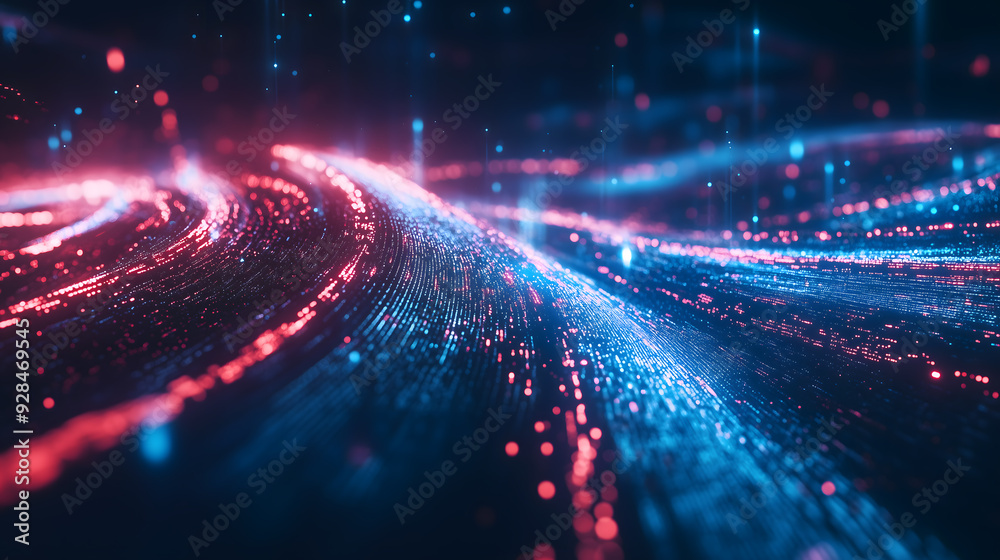 Wall mural digital data flowing through cyberspace with glowing blue and red lights