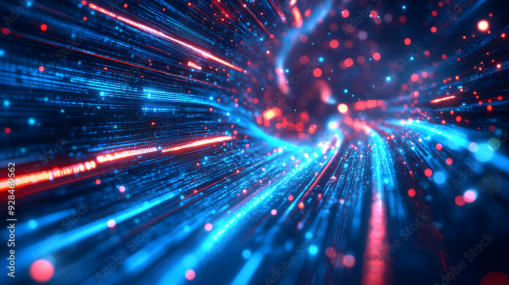 Wall mural digital data flowing through cyberspace with glowing blue and red lights