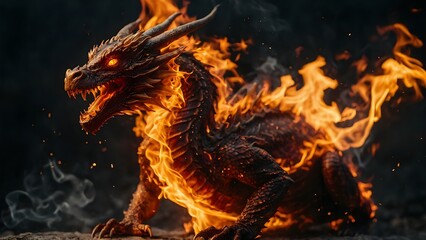 Naklejka premium Dragon surrounded by a storm with lightning striking all around