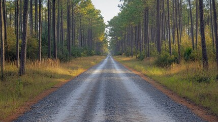 Fototapeta premium Gravel road in pine forest, rustic and rural charm.