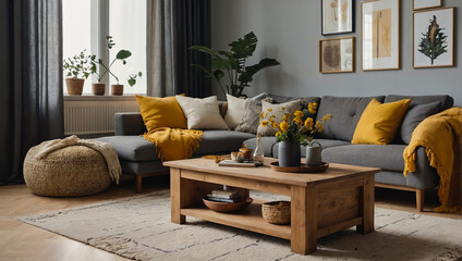 Obraz premium A living room with boho elements that are easy on the eyes. AI generated