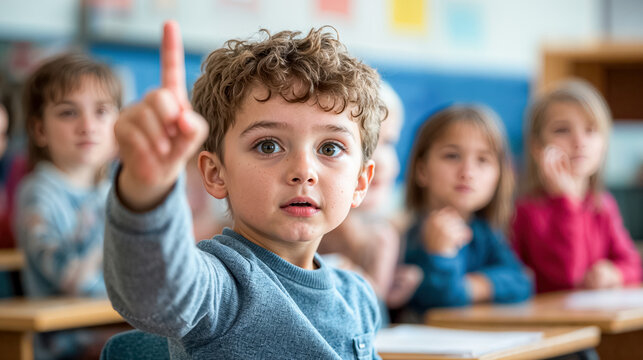 very well dressed child, first in class, who raises his finger to ask to speak