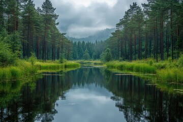 Road alongside a pine forest river, reflection of trees in the water.
