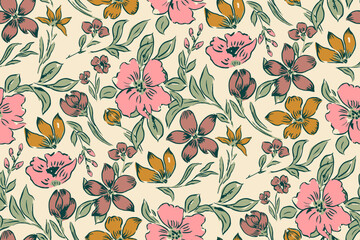 Cute hand drawn feminine watercolor seamless pattern with wildflowers.