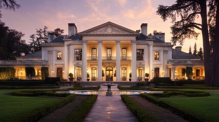 Obraz premium Elegant mansion with grand entrance and beautifully landscaped grounds. light in the evening