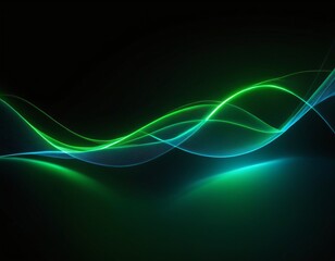Abstract green blue wave light effect in perspective. Magic luminous azure glow design element on dark background, flash luminosity, abstract neon motion glowing wavy lines. Ai generated image.