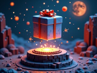 Mystical Moonlit Fantasy: A Glowing Gift Box Hovering Above a Magical Platform in a Futuristic Landscape Under the Stars