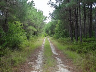 Fototapeta premium Abandoned road in overgrown pine forest, sense of mystery and decay.,
