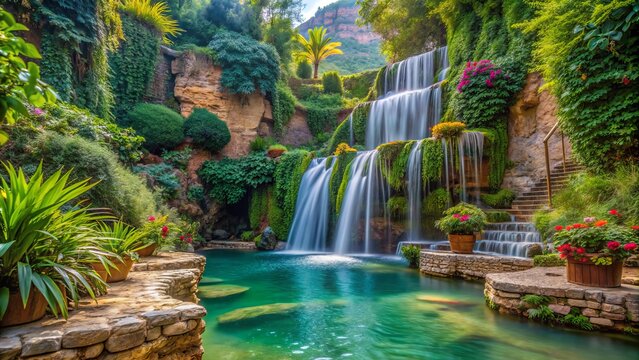 Soothing garden waterfall cascades in serene Bejaia, Algeria, enveloping visitors in a calming atmosphere of fresh scents and gentle whispers of the wind.