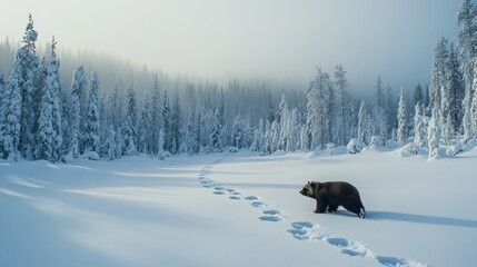Solitary Bear Walking Through a Snowy Forest