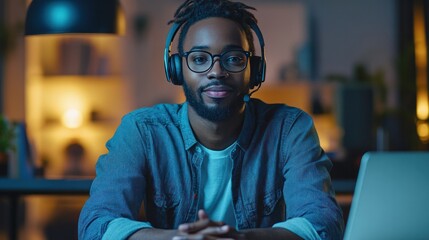 A professional presenting in a virtual meeting from a well-lit home office, with a headset and webcam, representing effective communication in remote work.