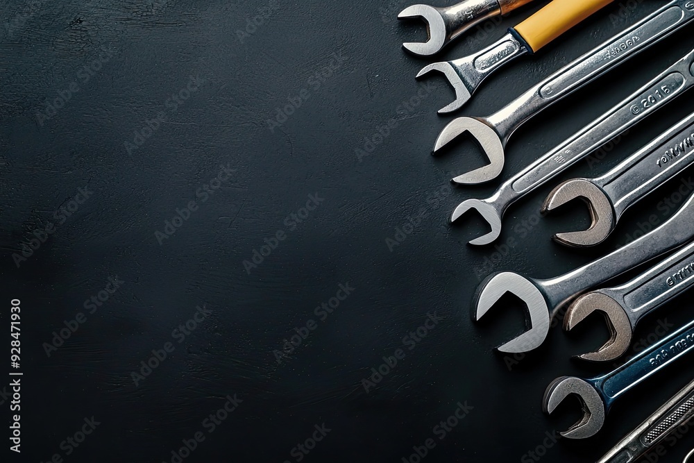 Wall mural Spanners and tools on dark black background. Top view with copy space