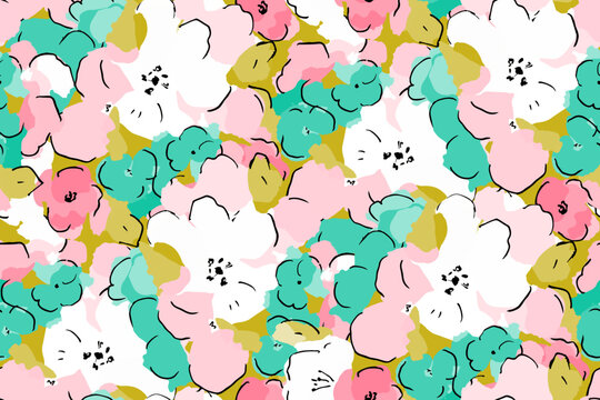 Cute hand drawn feminine watercolor seamless pattern with wildflowers.