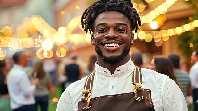 Handsome young African American man in traditional Bavarian attire smiling and soaking up the festive Oktoberfest atmosphere. The lively background lights and enthusiastic crowd underscore the cultura