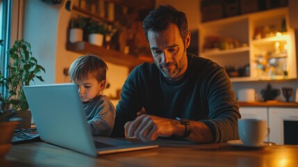 A parent multitasking with a laptop on the kitchen counter, while a child does homework nearby, showcasing the challenges and flexibility of working from home.