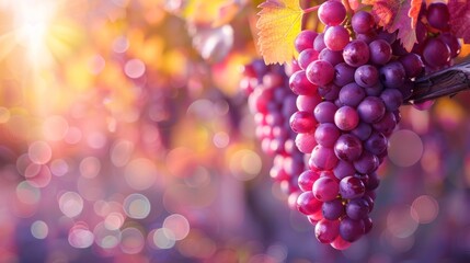 A picturesque vineyard scene featuring clusters of purple grapes hanging from vines