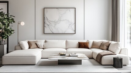 A modern living room with a large, L-shaped sofa, complemented by a coffee table with marble top, and minimalist decor, against a white wall.