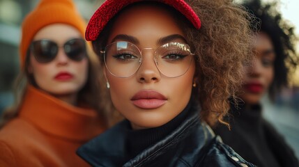 Obraz premium A mixed group of women, all different shapes and sizes, confidently modeling fashion on a city street, showcasing beauty and style in diversity.