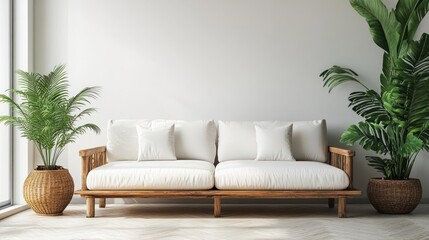 Fototapeta premium A minimalist living room with a white sofa, complemented by wooden accents and green plants, against a clean white wall.