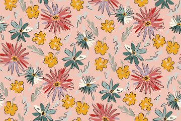 Cute hand drawn feminine watercolor seamless pattern with wildflowers.