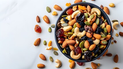 Homemade Trail Mix Bowl with Nuts Seeds and Dried Fruit on White Background