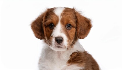 コーイケルホンディエの子犬のポートレート（Kooikerhondje puppy portrait on white background）
