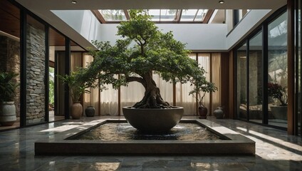 An inviting entrance hall featuring a tall indoor tree 