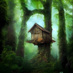 A small wooden cabin nestled high in a tall tree in a misty forest.