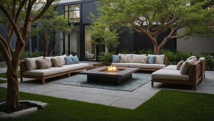 An outdoor patio decorated with a large tree