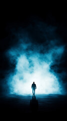 Fototapeta premium Man in Silhouette Walking into Dense Fog with Dramatic Lighting