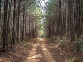 Obraz premium Bike trail through pine forest, adventurous and engaging.
