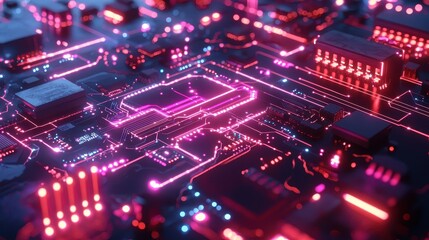 Fototapeta premium Futuristic circuit board design with neon highlights and open space for tech text 