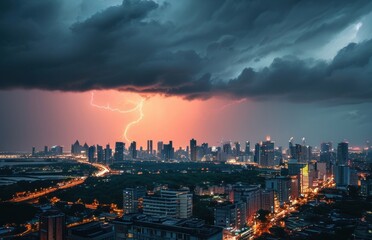 Fototapeta premium City skyline with lightning in the sky