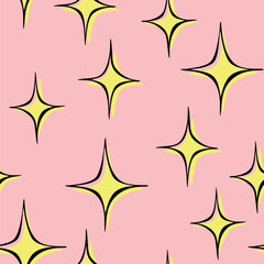 Vector abstract seamless pattern with glitter, sparks. Childish texture with shine in doodle style. Stars shining, sparkling, glowing, twinkling. Backdrop texture, Wrapping design for girls, kids