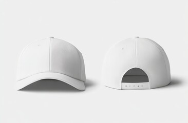 This mockup shows a front and back view of a white baseball cap on a grey background.