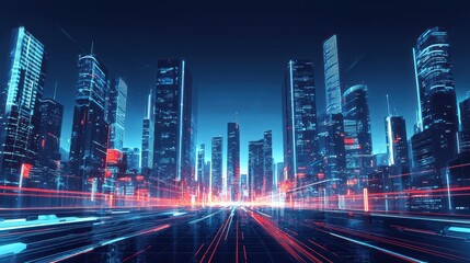 Obraz premium Futuristic cityscape with sleek skyscrapers and neon lights, wide-angle view, copy space for text